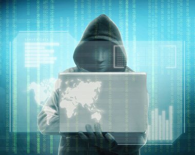 Hacker'laptop eliyle ve sanal tutarak siyah hoodie 