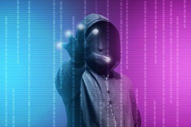 Hacker siyah hoodie ayakta açık avuç içi ile dokunmatik digita