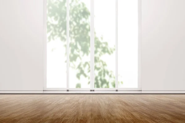 Camera interna con pavimento in legno e parete bianca con vetro finestra — Foto Stock