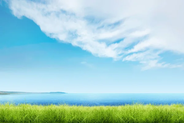 Hierba verde con vista al océano azul y paisajes nublados — Foto de Stock