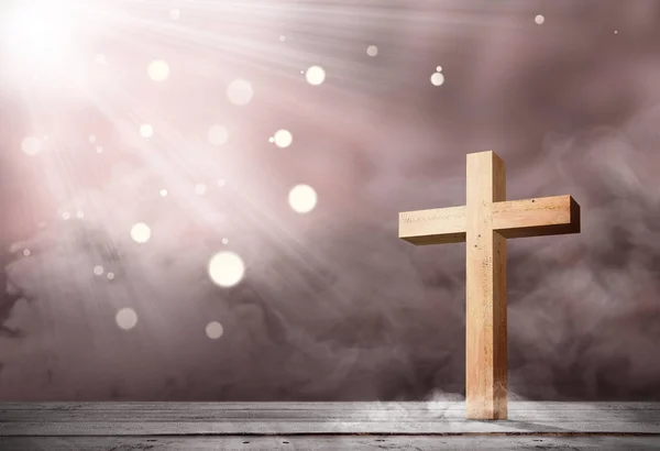 Christian Cross Wooden Table Light Bright Background — Stock Photo, Image