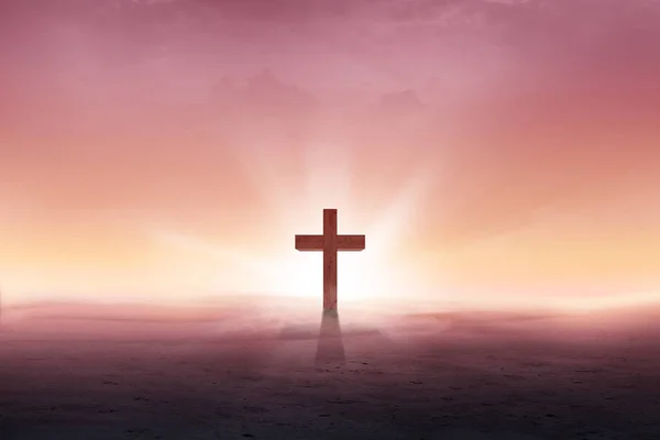 Christian Cross Desert Sun Rays Sunrise Background — Stock Photo, Image