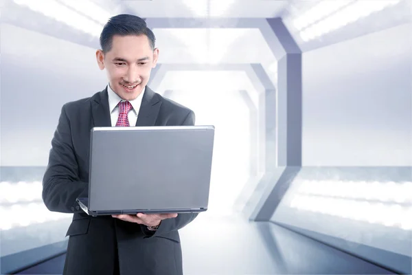 Young Asian Businessman Holding Laptop His Hand While Standing Office — Stock Photo, Image