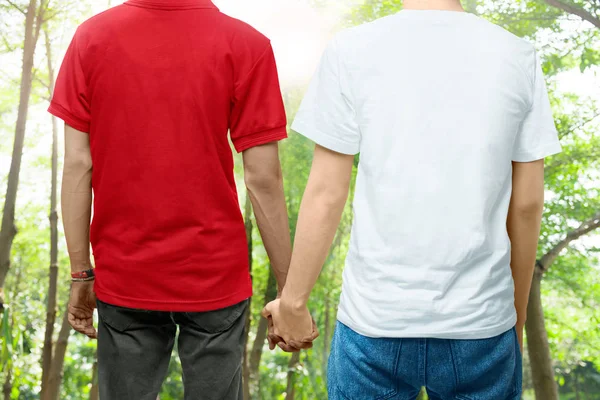 Rear View Gay Couple Holding Hands Together Standing Park Lgbt — Stock Photo, Image
