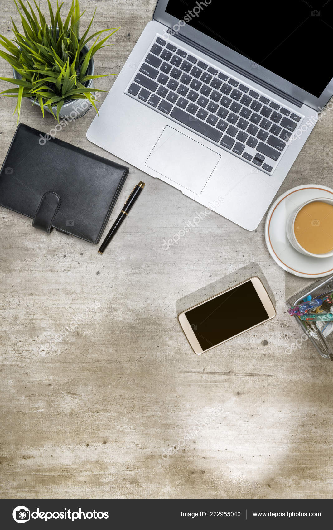 Top View Of Business Desk With Laptop Mobile Phone Coffee Pot