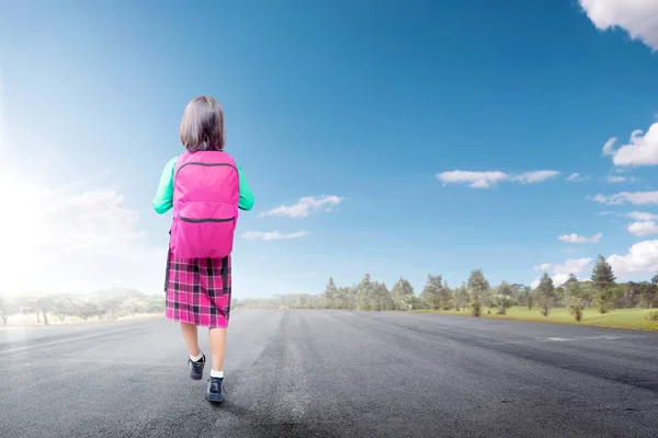 Pembe sırt çantası ile asya sevimli kız arka görünümü s yürüyüş — Stok fotoğraf