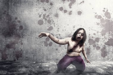 Vücudunda kan ve yara ile korkunç zombiler u sürünerek