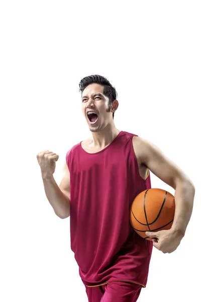 Ασιάτης/ισσα άνθρωπος μπάσκετ παίκτης κρατώντας τη μπάλα με ενθουσιασμένος Expres — Φωτογραφία Αρχείου