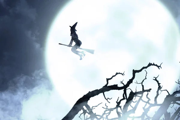 Silhouette of witch woman flying with a broom