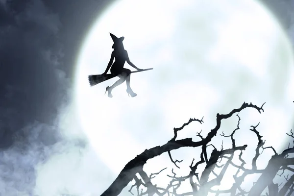 Silhouet van heks vrouw vliegen met een bezem — Stockfoto