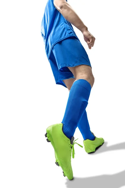 Visão traseira do jogador de futebol homem na pose de chutar a bola — Fotografia de Stock