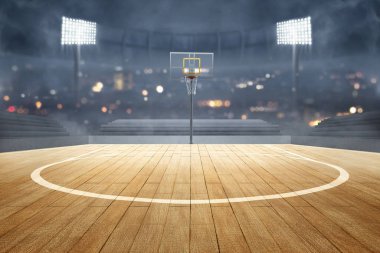Ahşap zemin, ışık reflektörler ve tribu ile Basketbol sahası