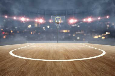 Ahşap zemin ve spot ışıkları ile Basketbol sahası