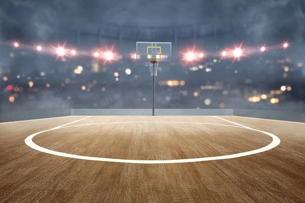 Boisko do koszykówki z drewnianą podłogą i reflektorami — Zdjęcie stockowe
