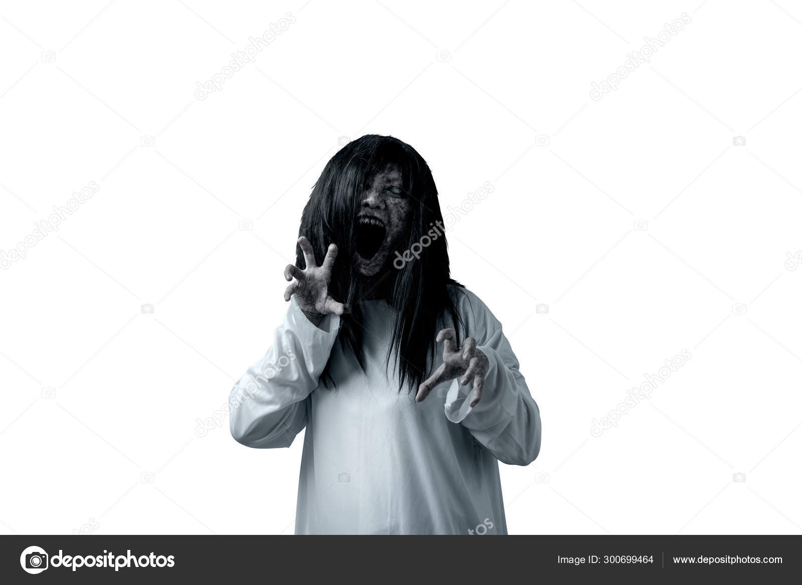 Scary momo isolated over white background. Scary face for