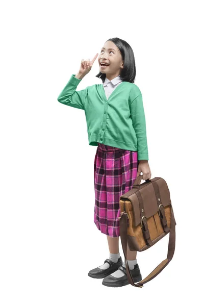 Asiática linda chica con una maleta pensar algo —  Fotos de Stock