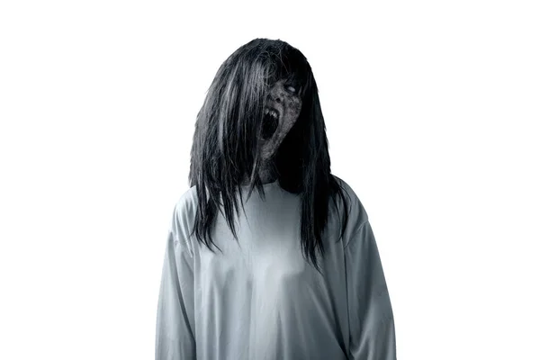 Mujer fantasma asustadiza con sangre y cara enojada — Foto de Stock