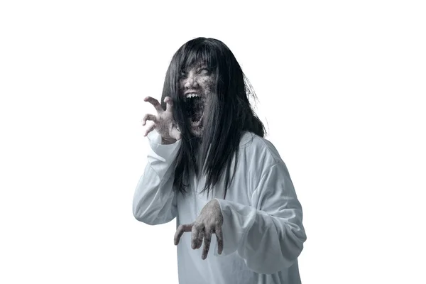 Mulher fantasma assustador com sangue e rosto zangado com as mãos garras — Fotografia de Stock