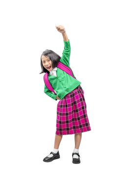 Bir sırt çantası ve heyecanlı ifade ile Asya sevimli kız