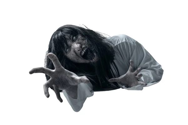 Mulher fantasma assustador com sangue e rosto zangado com as mãos garras c — Fotografia de Stock