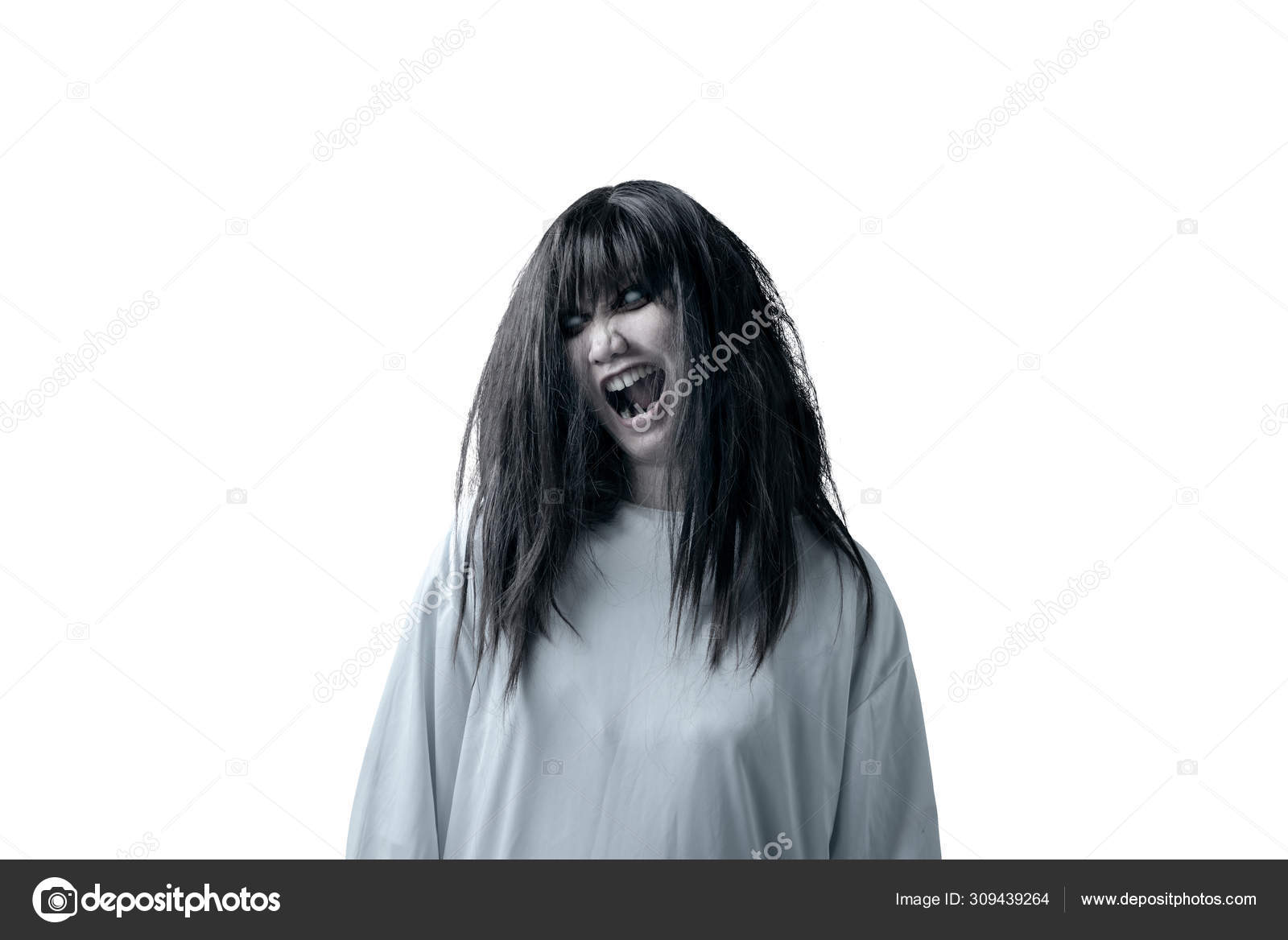 Scary momo isolated over white background. Scary face for