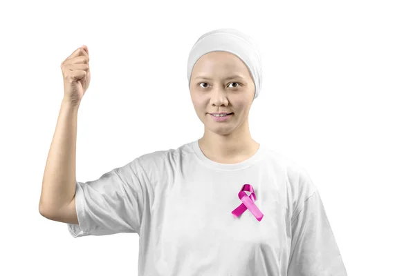 Mujer asiática en una camisa blanca con cinta rosa — Foto de Stock