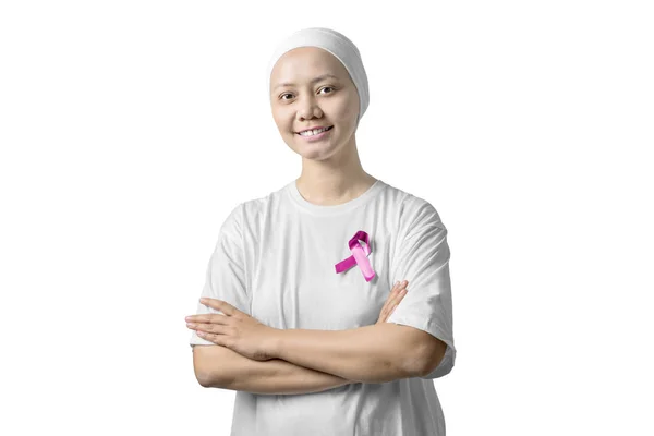 Asian woman in a white shirt with pink ribbon — Stock Photo, Image