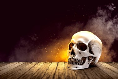 Ahşap masada insan kafatası