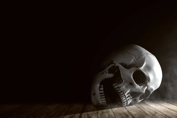 Human skull on wooden table