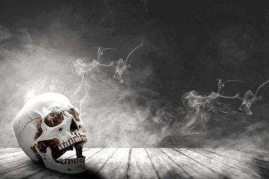 Ahşap masada insan kafatası