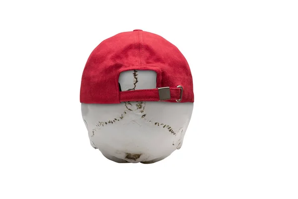 Zadní pohled na lidskou lebku v červeném klobouku — Stock fotografie