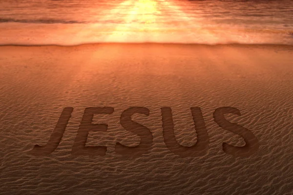 Texto de Jesús en la playa de arena — Foto de Stock