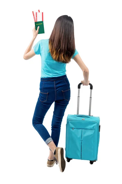 Rear View Asian Woman Standing Suitcase Holding Ticket Passport Isolated — Stock Photo, Image