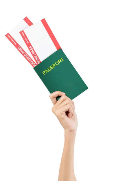 Hand Holding Ticket Paspoort Geïsoleerd Witte Achtergrond — Stockfoto