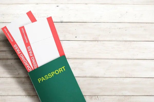 Bilhete Passaporte Com Fundo Mesa Madeira — Fotografia de Stock