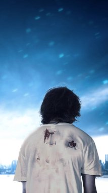 Gece yürürken vücudunda kan ve yara olan korkunç bir zombi. Cadılar Bayramı için hikayeler şablonu