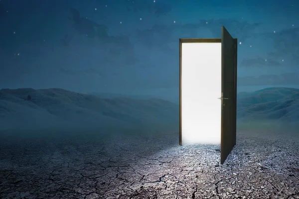 Opened Door White Light Spooky Hill Night Scene Background — Stock Photo, Image