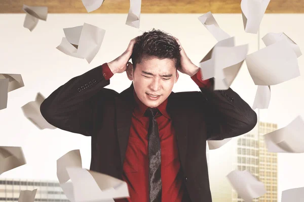 Asian Businessman Feeling Depressed Flying Work Papers Workplace — Stock Photo, Image