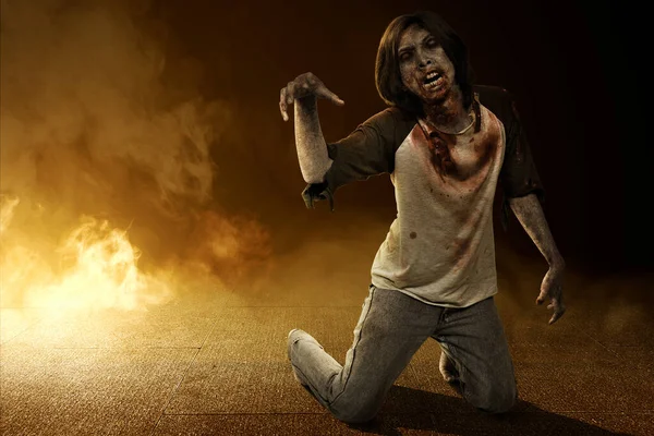 Scary Zombie Blood Wound His Body Crawling Floor Smoke Background — Stock Photo, Image