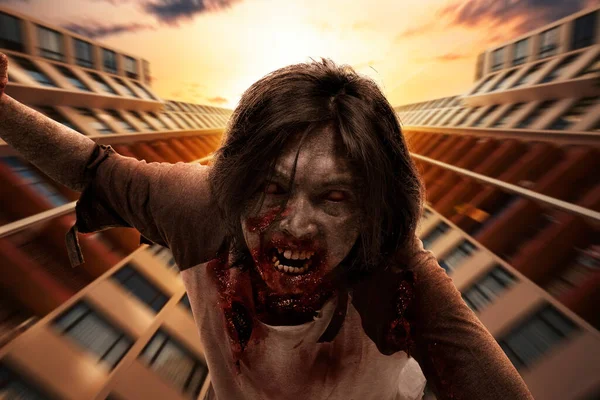 Scary Zombie Blood Wound His Body Crawling City — Stock Photo, Image