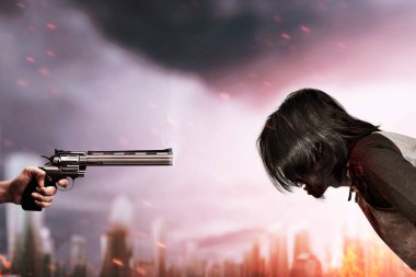 Şehirdeki zombilere silah doğrultuyor. Cadılar Bayramı konsepti