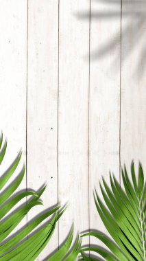 Ahşap masa arkasında palmiye yaprakları. Hikaye şablonu