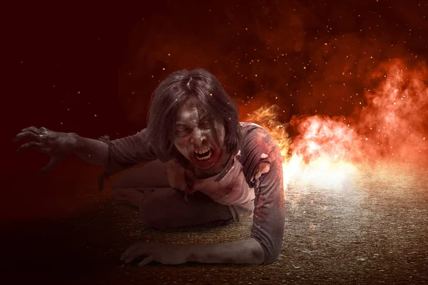 Scary Zombie Blood Wound His Body Crawling Explosion Black Background — Stock Photo, Image