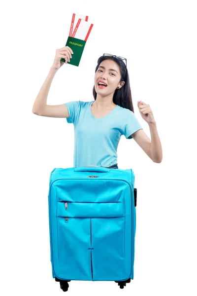 Asian Woman Suitcase Holding Ticket Passport Isolated White Background — Stock Photo, Image