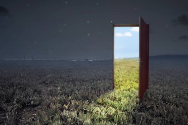 Çayırda gündüz manzaralı, gece manzaralı bir kapı açıldı.