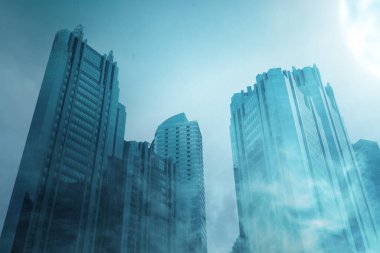 Gece manzaralı modern binalar ve gökdelenler.