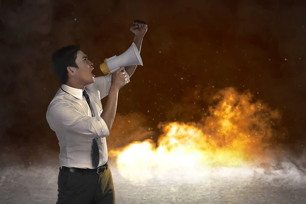 Asian Businessman Using Megaphone Doing Protest Explosion Smoke Background — Stock Photo, Image