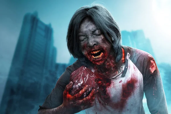 Enge Zombie Met Bloed Wond Zijn Lichaam Eet Het Rauwe — Stockfoto