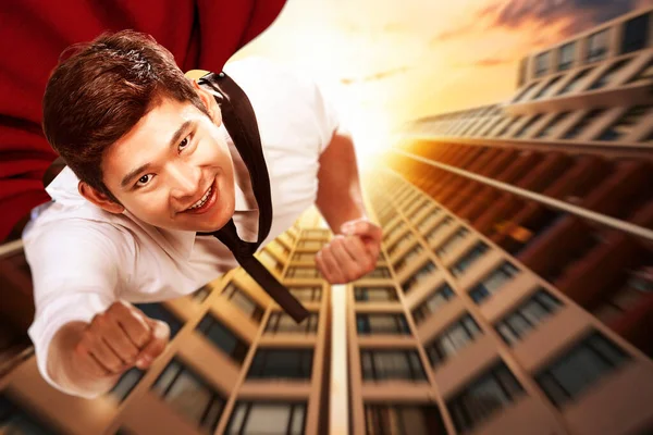 Empresário Asiático Com Manto Voando Como Super Herói Céu — Fotografia de Stock