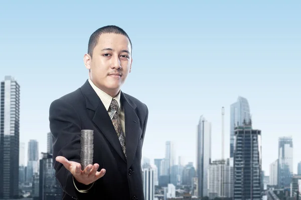 Asian Businessman Stack Coins His Hand Giving Donate Charity City — Stock Photo, Image